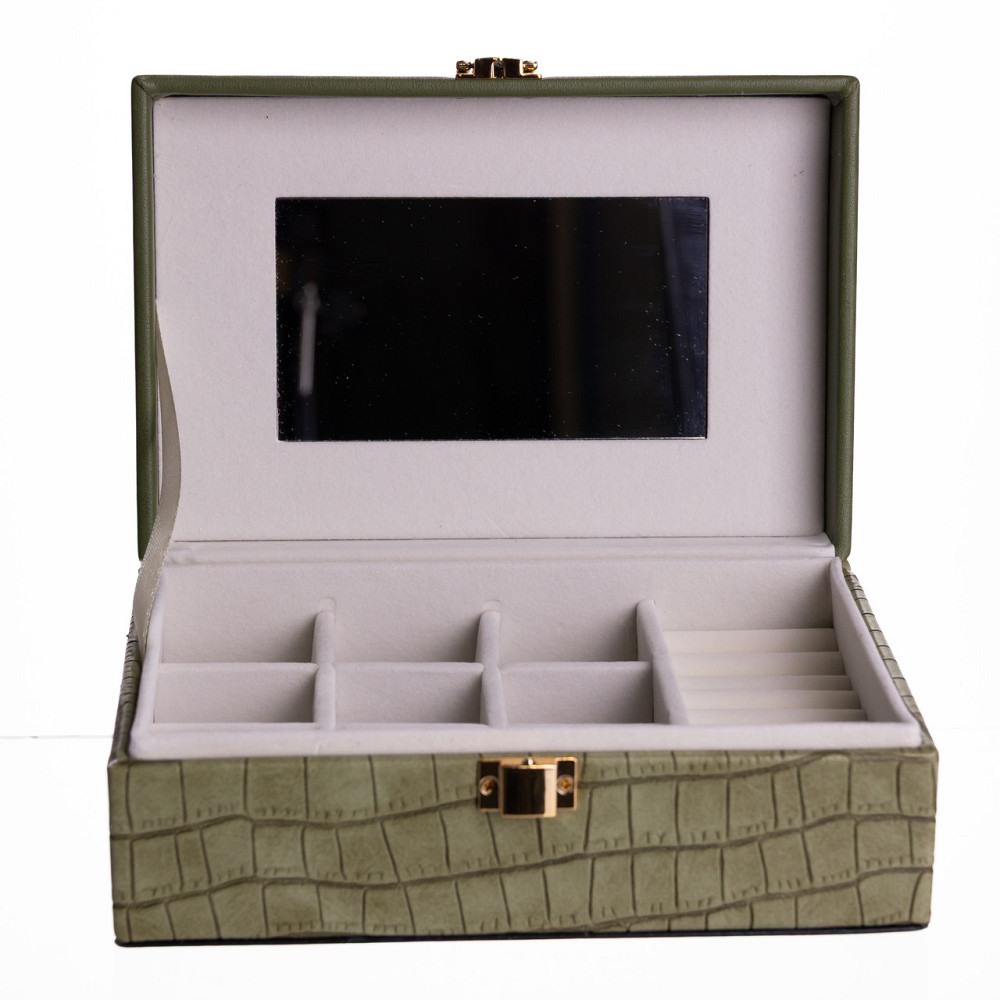 Скринька для прикрас з еко шкіри 10 відділень з дзеркалом 20×14×8 см Зелений HP-5-19GR Коломия - фото 3