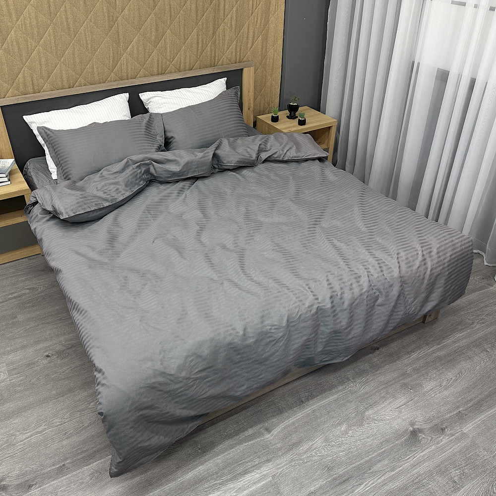 Комплект постельного белья Страйп-сатин Евро 200х230 с простыней на резинке Серый (88-109) Киев - изображение 2