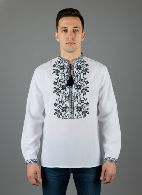 Чоловіча вишиванка на довгий рукав чорним орнаментом на білому полотні Київ - фото 1