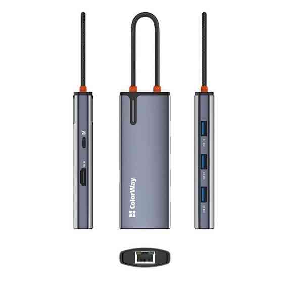 Док-станція ColorWay USB-C 6-в-1 Type C PD 100W/USB3.0х3/HDMI 4К/RJ45 (CW-HUB02) ( Сірий ) Харьков