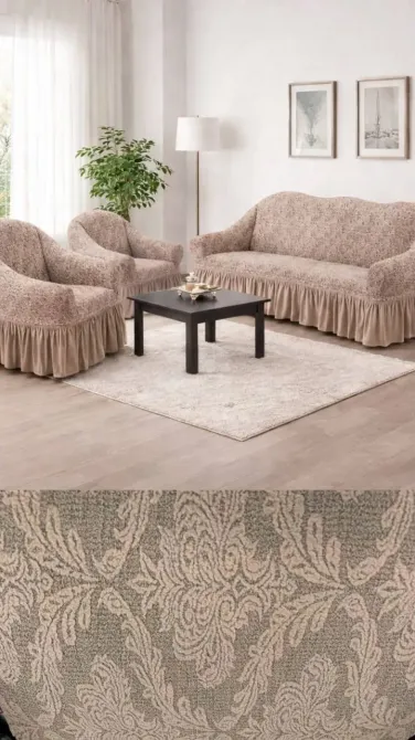 Жаккардовый турецкий чехол на диван и два кресла, универсальный натяжной чехол, накидка на диван Бежевый Коломыя - изображение 2