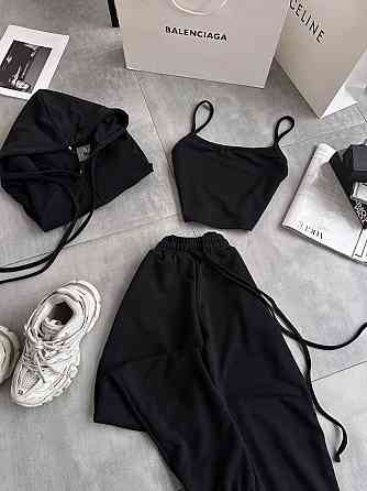 Жіночий повсякденний костюм-трійка: кофта топ і штани двонитка Чорний, 42/44 Одеса