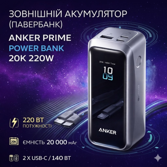 Зовнішній акумулятор Anker Prime Power Bank 20000 мА·год 220W, PD 140W, 3 порти, дисплей, швидка зарядка Київ