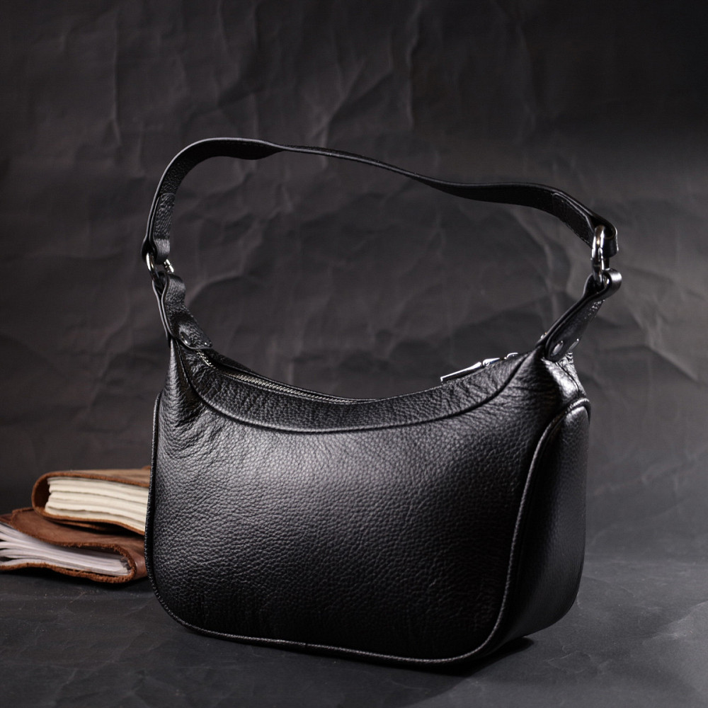 Акуратна шкіряна сумка жіноча напівкруглого формату з однією ручкою Vintage 22411 Чорна Київ - фото 9