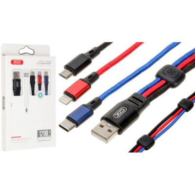 Дата кабель USB 2.0 AM to Lightning + Micro 5P + USB-C 1.2m black red blue XO (XO-NB143-3in1) Вінниця - фото 3