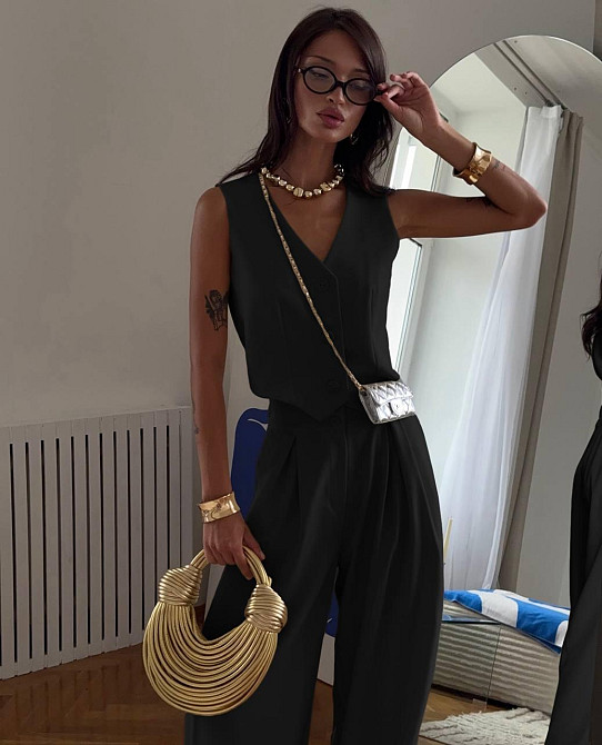 Жіночий стильний брючний костюм двійка: жилет і штани костюмка Чорний, 42/44 Одеса - фото 3