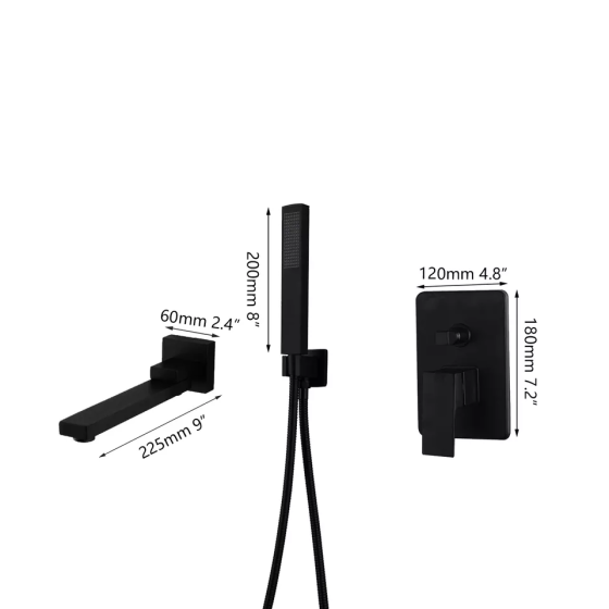 Дизайнерский встраиваемый смеситель в ванную 2 в 1: излив и ручной душ с креплением Черный матовый Каменец-Подольский