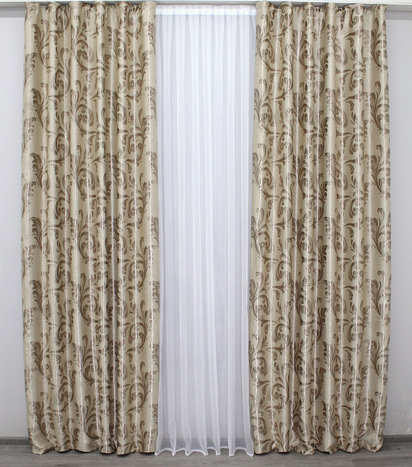 Комплект готовых штор VR-Textil Блэкаут Лилия № 074ш(Б) Бежевый с кофейным 100х270 см 2шт (31-267) Киев - изображение 3