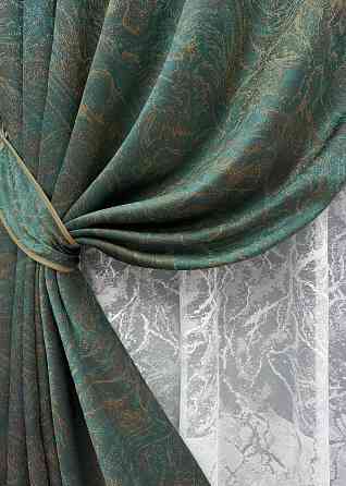 Комплект штор VR-Textil Жакард Fantasy 150х270 2шт і Тюль 500х270 1633ш-1783т Смарагдовий  з білим 71-048/4 Київ