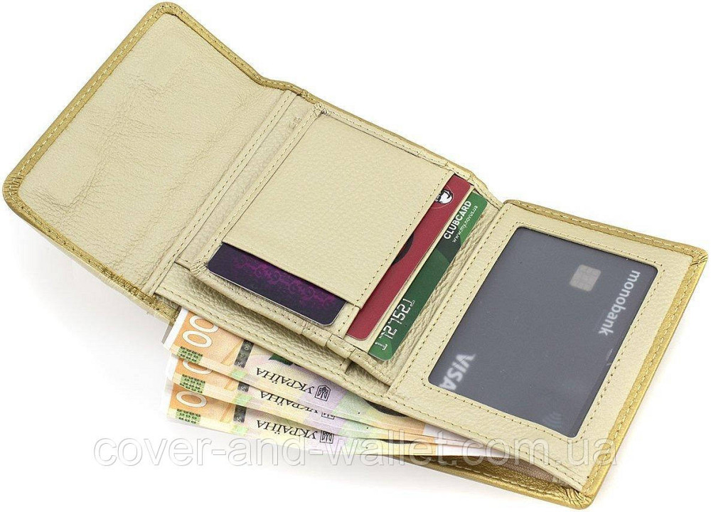 Компактный женский кошелек на магнитах золотистого цвета из натуральной кожи Marco Coverna Киев - изображение 7