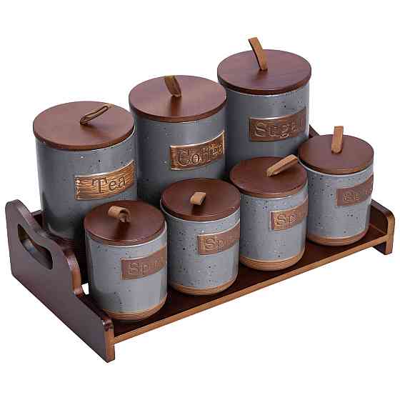 Yiwu Банки для сипучих продуктів набір 9 штук на бамбуковій підставці з кришками 36.5×20.5×22 с Коломия