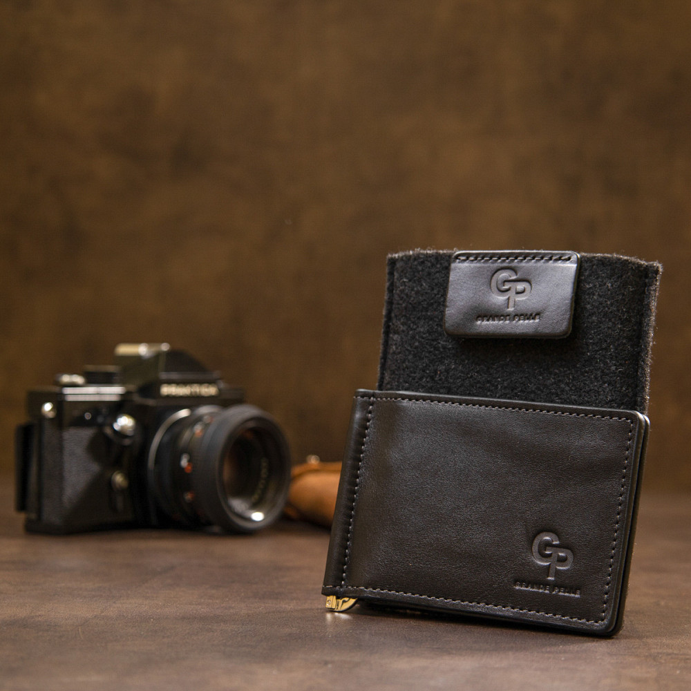 Чоловічий шкіряний затиск для грошей Чорний (GRANDE PELLE) Київ - фото 4