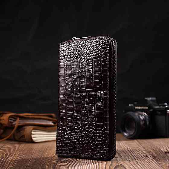 Великий чоловічий клатч з одним відділенням з натуральної шкіри з тисненням під крокодила Коричневий (BOND) Київ