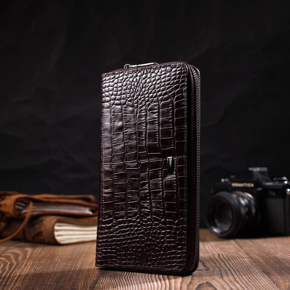 Великий чоловічий клатч з одним відділенням з натуральної шкіри з тисненням під крокодила Коричневий (BOND) Київ - фото 2