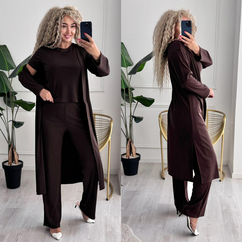 Женский базовый прогулочный костюм тройка: кардиган футболка и штаны трикотажный рубчик Шоколад, 50/52 Одесса - изображение 6