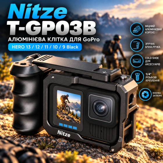 Клітка Nitze T-GP03B для GoPro HERO13/12/11/10/9 Black, алюмінієва, бічна ручка, кнопка затвора, Cold Shoe, 1/4″ Київ