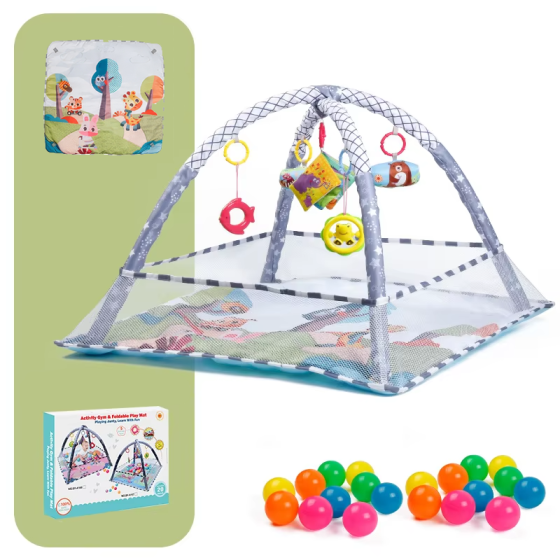 Детский развивающий игровой коврик-манеж с подвесками, манеж с защитным ограждением, 80x80x50см, зеленый Каменец-Подольский