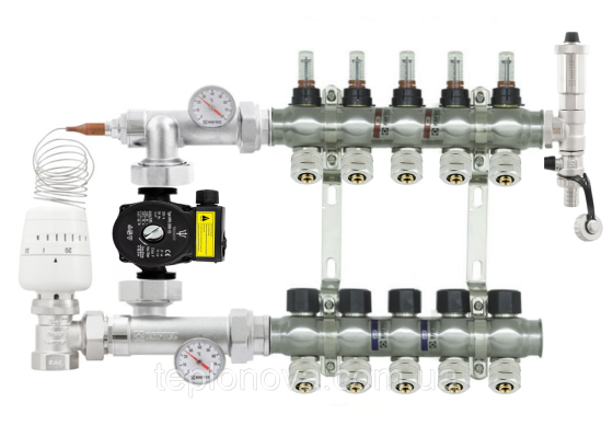 Колектор в зборі на 5 пар виходів нержавійка  "Raftec" для Теплої Підлоги з розходомірами Чернівці