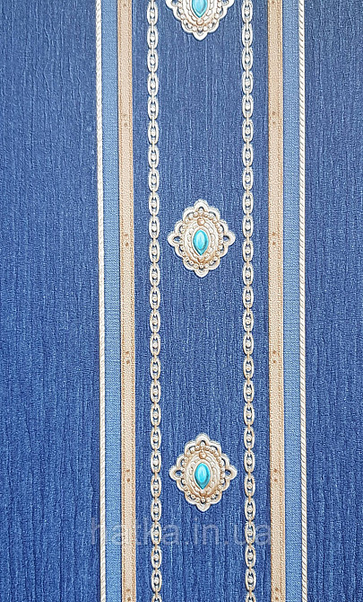 Шпалери вінілові на флізеліні AdaWall Seyyah 1.06х10 смуги широкі завитки розетки структурні сині золотисті Київ - фото 3