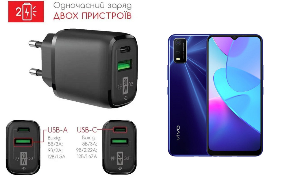 Сетевое зарядное устройство для Vivo Y3s, 20W 3A, Quick Charge 3.0 Киев - изображение 1