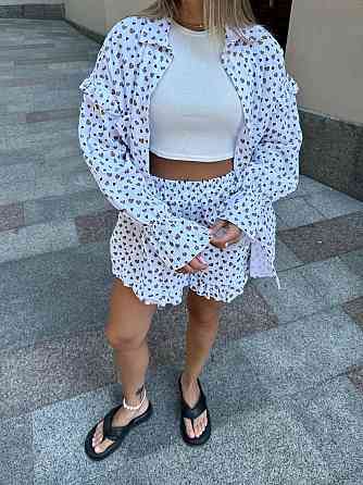 Жіночий принтований костюм-двійка: сорочка та шорти з натурального мусліну Білий 2, 48/50 Одеса