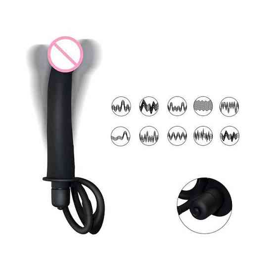 Ерекційне кільце з вібрацією і фалоімітатором для подвійного проникнення - Чорний - Анальні іграшки Вінниця