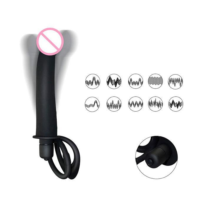 Ерекційне кільце з вібрацією і фалоімітатором для подвійного проникнення - Чорний - Анальні іграшки Вінниця - фото 5