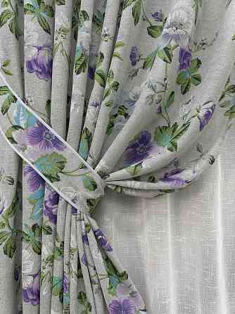 Комплект штор VR-Textil Лен Прованс 150х270 2шт и Тюль 400х270 2084ш-115т Светло-серый с фиолетовым и белым 71-219/3 Киев