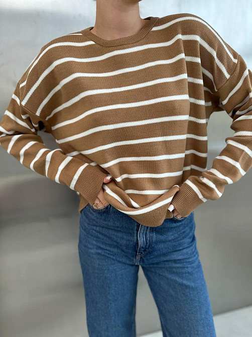 Жіночий базовий смугастий светр оверсайз вовна 70% акрил 30% Беж Одеса - фото 1