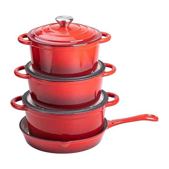 Набір чавунного посуду для приготування 3 каструлі та сковорода з емальованим покриттям Червоний HP-1-4 Коломия