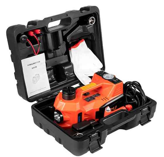 Электрический автодомкрат 3-в-1 BX-481 (5т, 12В), встроенный компрессор, фонарик, высота 450мм, кейс Одесса