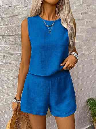 Жіночий літній костюм-двійка: топ і шорти жатий льон Синій, 42/44 Одеса