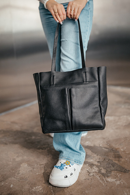 Сумка тоут шкіряна велика жіноча Юта Чорна 28*30*12 см, сумка шопер чорна стильна з кишенямиMasterSem Київ - фото 3