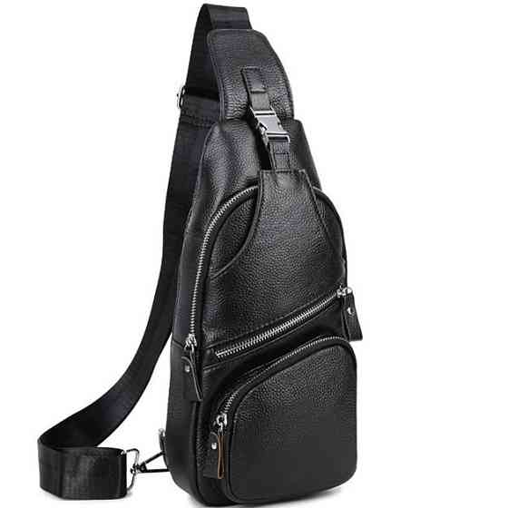 Чоловіча шкіряна сумка-слінг 17х32х7, бананка для роботи та офісу TIDING BAG - MK-96303 чорна Кам'янське