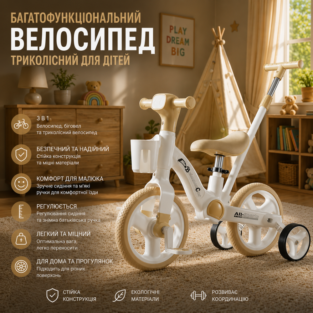 Детский беговел-велосипед 3-в-1 Black: умный трансформер со светом, музыкой и складными колесами, от 2 до 5 лет Киев - изображение 7