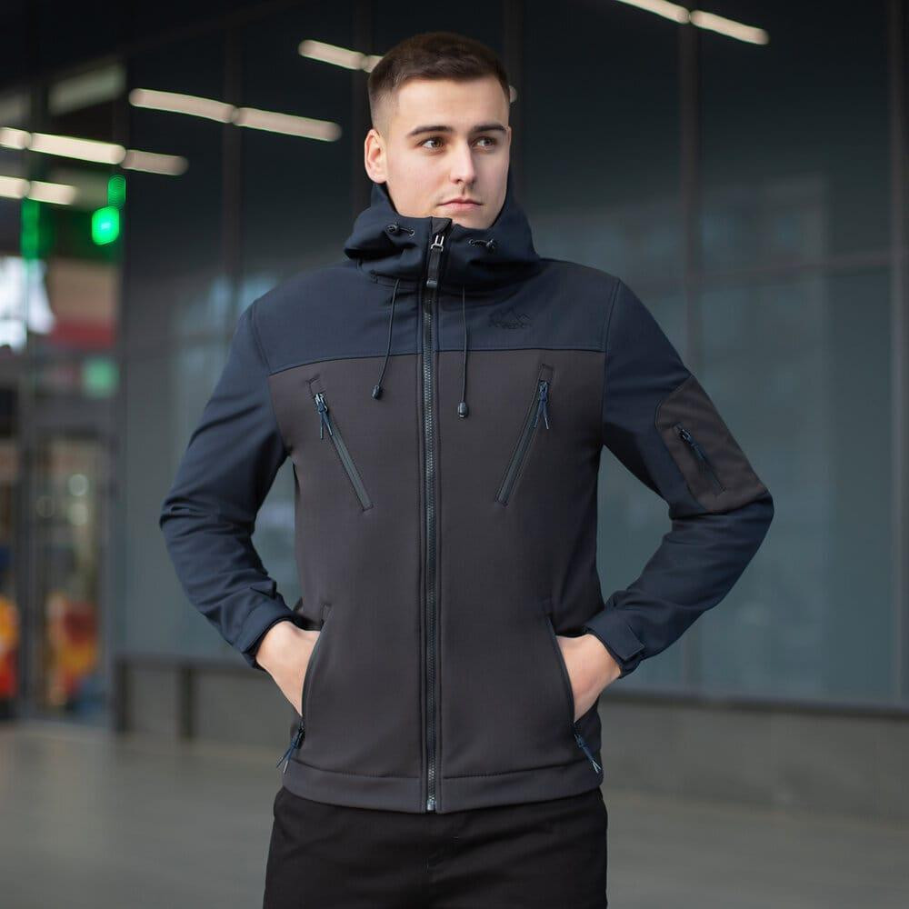 Чоловіча куртка soft shell Pobedov софтшелл Куртка демісезонна з капюшоном осінь весна чорна+синя Одеса - фото 3