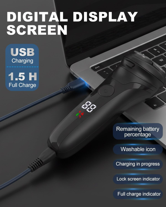 Электробритва мужская Lorrtta USB, 90 мин работы, LED-дисплей, IPX5, влажное и сухое бритье, выдвижной триммер Киев - изображение 4