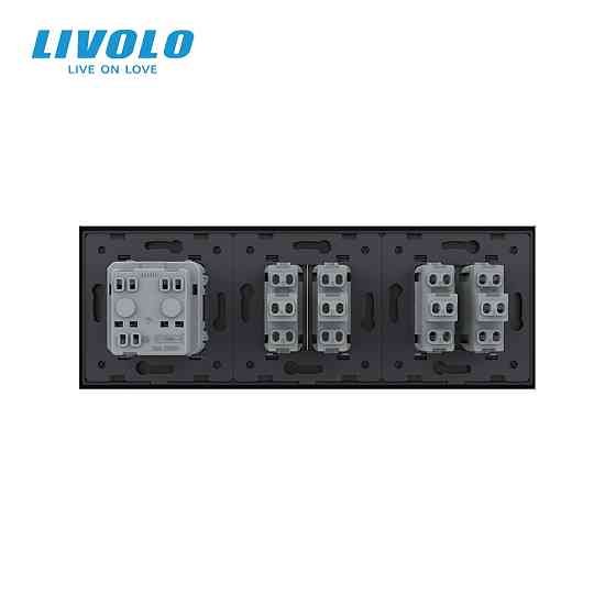 Чотирьохклавішний вимикач (2-2) з розеткою Livolo чорний скло (VL-C7K2/K2/FCTC16A-6BP) Коломыя