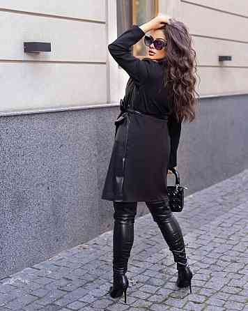 Женское стильное платье-пиджак с поясом костюмная ткань + экокожа Одесса