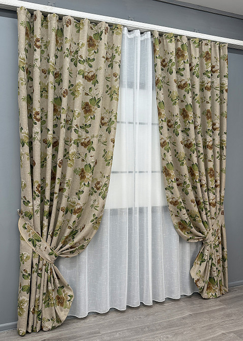 Комплект штор VR-Textil Лен Прованс 150х270 2шт и Тюль 600х270 2081ш-115т Бежевый с коричневым и белым 71-216/5 Киев - изображение 2