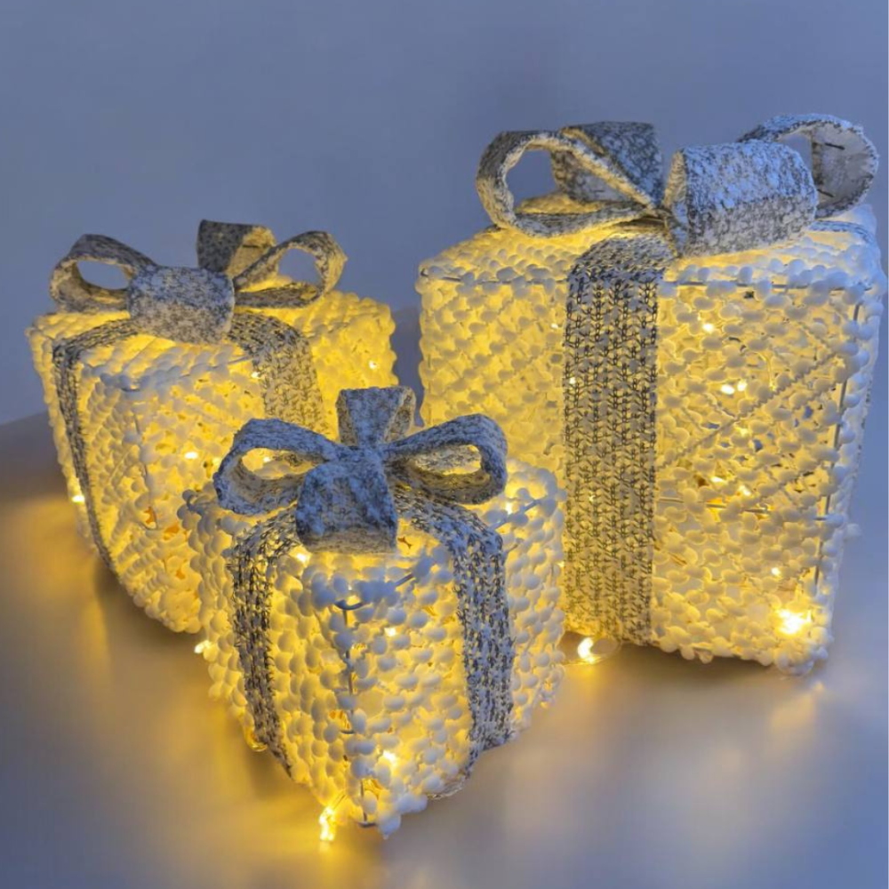 Новогодний декор LED подарки Niki light набор 3 белые коробочки с серебряным бантом Теплый Белый Киев - изображение 3