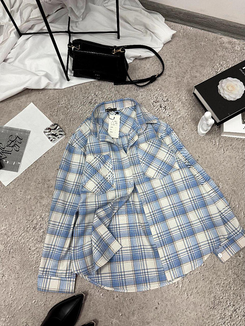 Женская повседневная оверсайз рубашка в клетку фланель 100% коттон Голубой, 48/52 Одесса - изображение 3