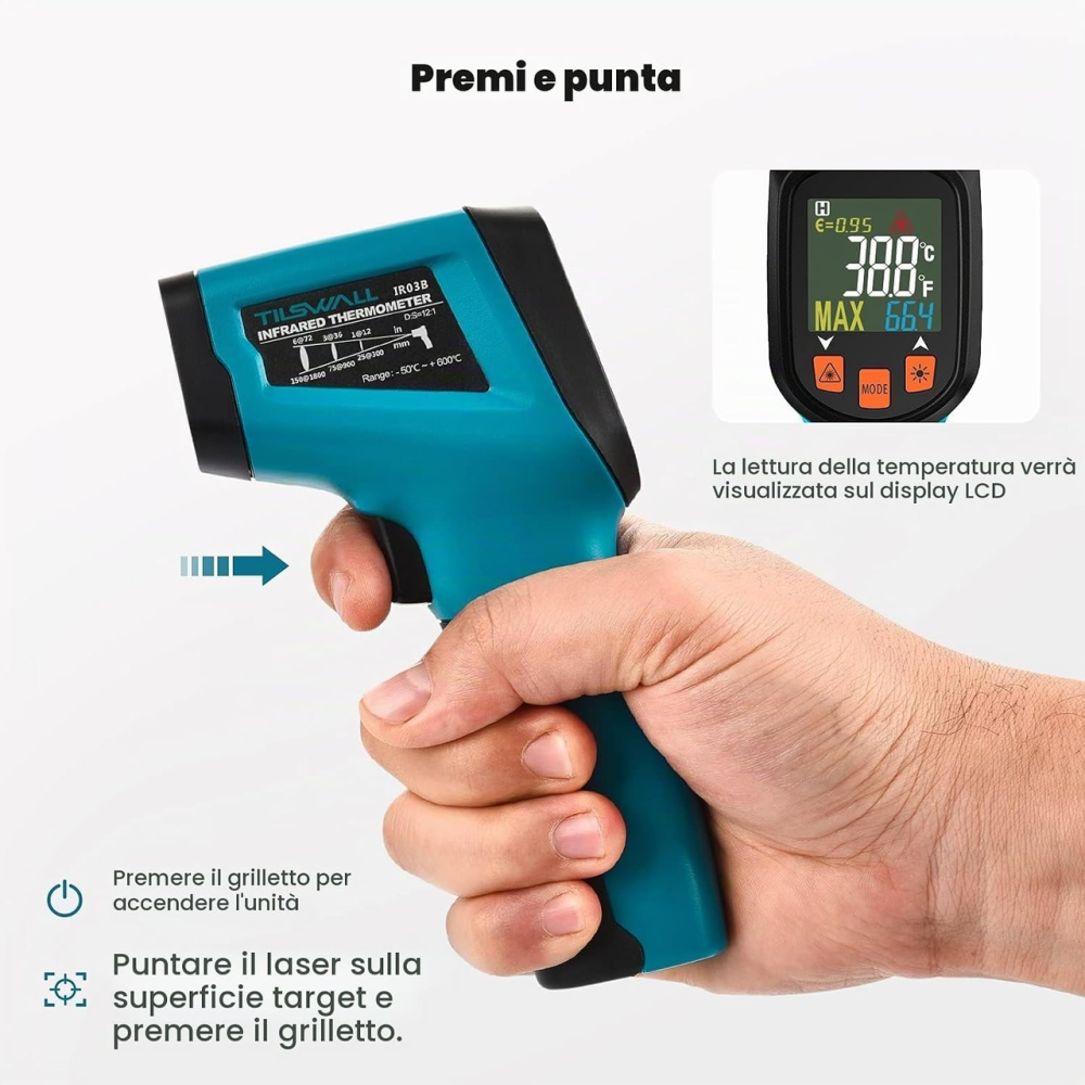 Инфракрасный пирометр Tilswall W301 -50…+600°C, лазерный термометр 12:1, LCD, регулируемая эмиссия Киев - изображение 8