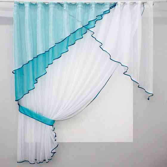 Кухонный комплект VR-Textil № 00к шторка с ламбрекеном лазурный с белым 300х170 см (59-571) Киев