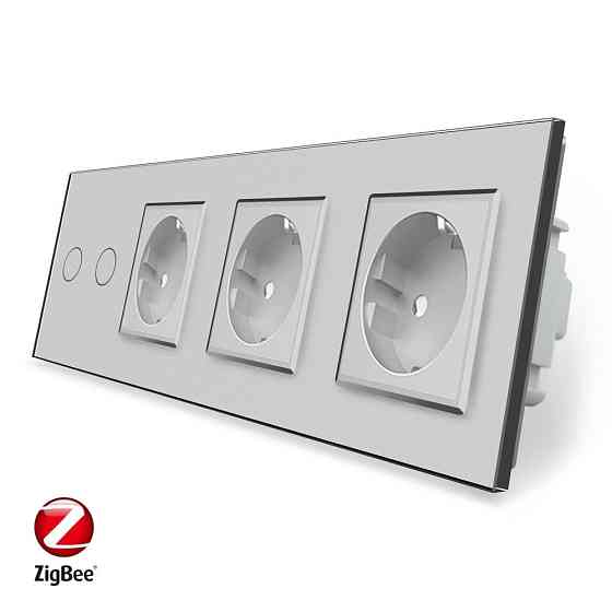 Розумний сенсорний ZigBee вимикач 2 сенсора 3 розетки Livolo сірий скло (VL-C702Z/C7C3EU-15) Коломыя