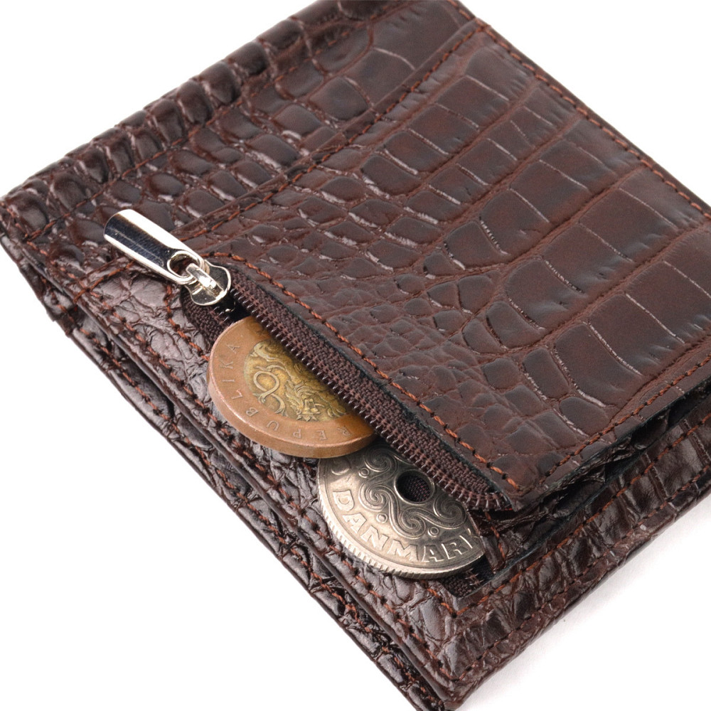 Превосходный мужской зажим из натуральной кожи с тиснением под крокодила KARYA 21119 Коричневый Киев - изображение 7