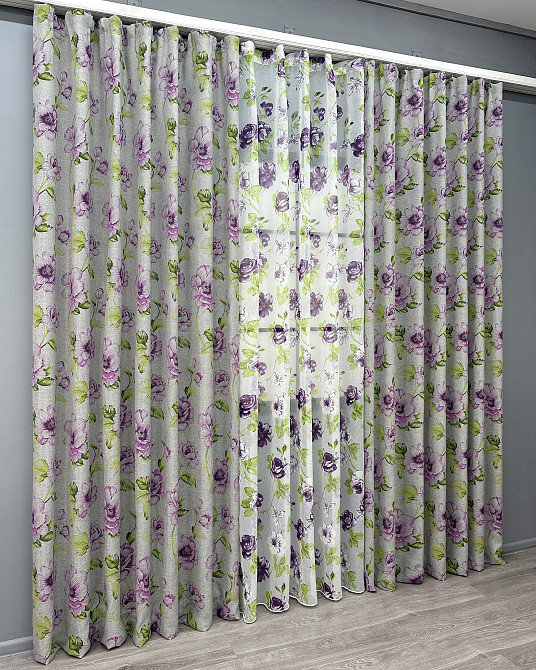 Комплект штор VR-Textil Льон Прованс 200х270 2шт і Тюль 500х270 2079ш-1266т Сірий з фіолетовим та білим 71-206/6 Київ - фото 3