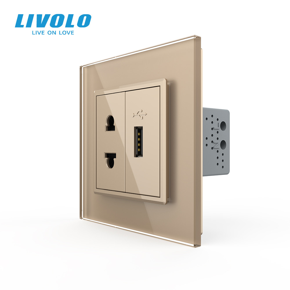 Розетка універсальна з USB розеткою Livolo золотий скло (VL-C7C1AUSB-13) Коломыя - изображение 1