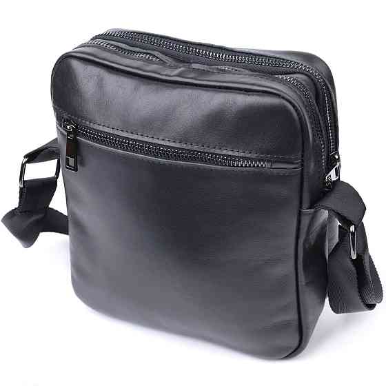 Класична чоловіча сумка месенджер із глянсової натуральної шкіри Shvigel 22846 Чорна Київ