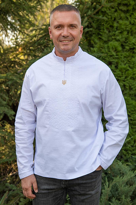 Вышиванка рубашка мужская льняная, белая с гербом, лен, вышиванки мужские в Украине 62 Киев - изображение 1